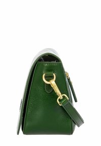 Sac à main en cuir vert avec un design triangulaire, doté de ferrures dorées, d'une bandoulière amovible et d'une texture lisse. Fermeture éclair visible.