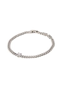 Ezüst lánc karkötő összekapcsolt láncszemekkel, fényes felülettel és egy átlátszó drágakő díszítéssel. Záródás látható.