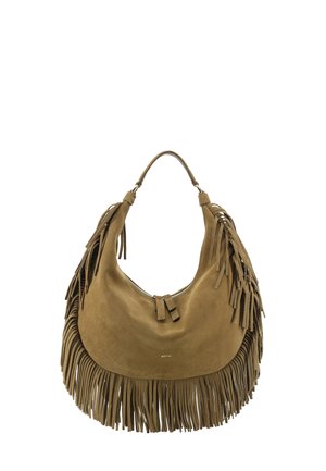 Suede hobo bag in light brown with long fringe detailing around the bottom. Features a rounded shape and double straps with a zip closure.