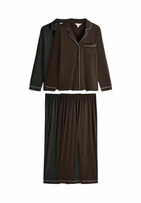 Braun und dunkelgrau zwei-teiliges Pyjama-Set mit weißen Paspeln; Knopfhemd mit Tasche und elastischer Bundhose. Weicher Stofftextur.