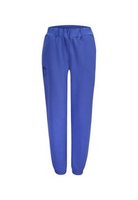 Blauwe sweatpants van zachte stof, met een elastische tailleband en aansluitende enkels. Bevat een klein zwart logo detail aan de zijkant.