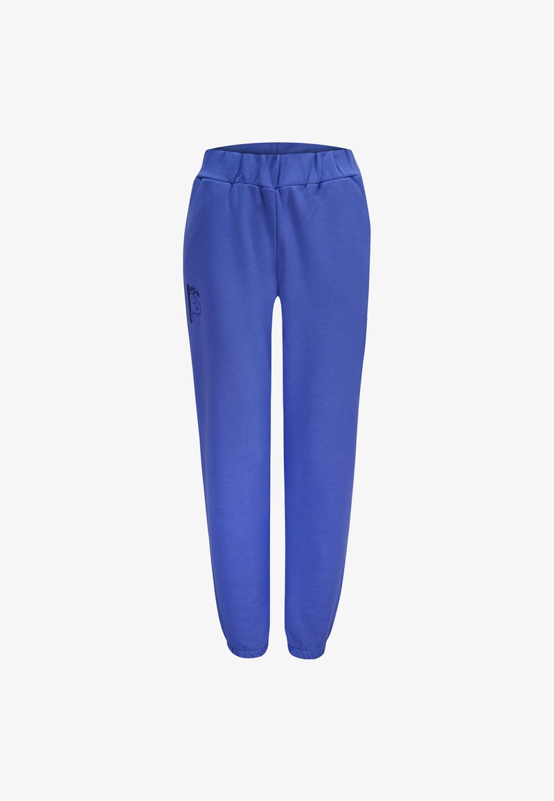 Blauwe sweatpants van zachte stof, met een elastische tailleband en aansluitende enkels. Bevat een klein zwart logo detail aan de zijkant.