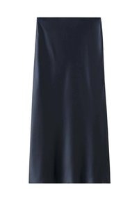 Jupe midi bleu marine en tissu lisse et brillant. Présente une coupe droite sans coutures ni embellissements visibles.