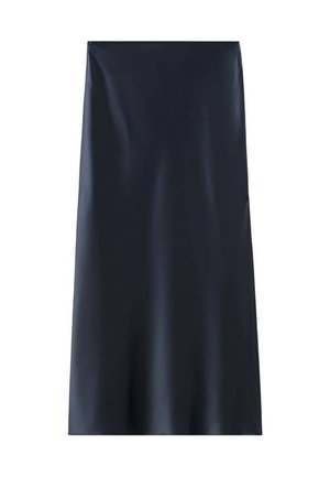 Jupe midi bleu marine en tissu lisse et brillant. Présente une coupe droite sans coutures ni embellissements visibles.