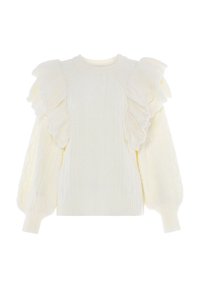 Cremefarvet strikket sweater med flæser på ærmerne, detaljeret kabelstrikdesign, ribbet kant og teksturerede accenter.