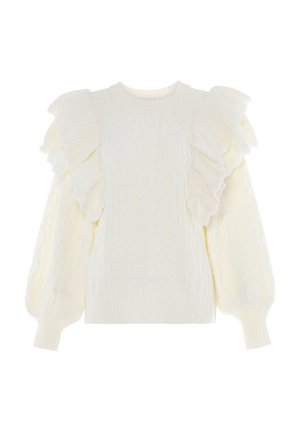 Cremefarvet strikket sweater med flæser på ærmerne, detaljeret kabelstrikdesign, ribbet kant og teksturerede accenter.