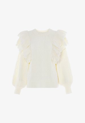 Cream-colored knitted sweater with ruffled sleeves, intricate cable knit design, ribbed hem, and textured accents.