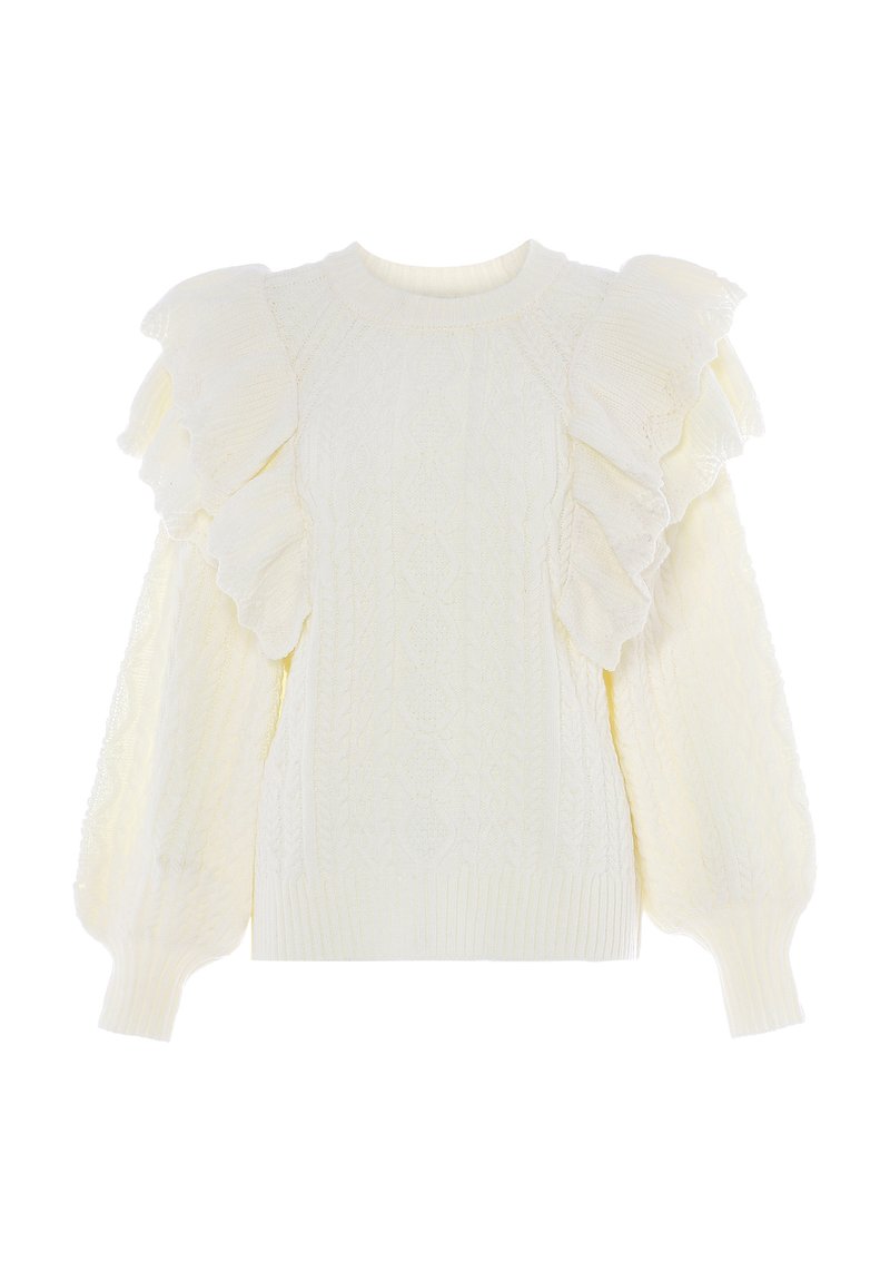 Cremefarvet strikket sweater med flæser på ærmerne, detaljeret kabelstrikdesign, ribbet kant og teksturerede accenter.