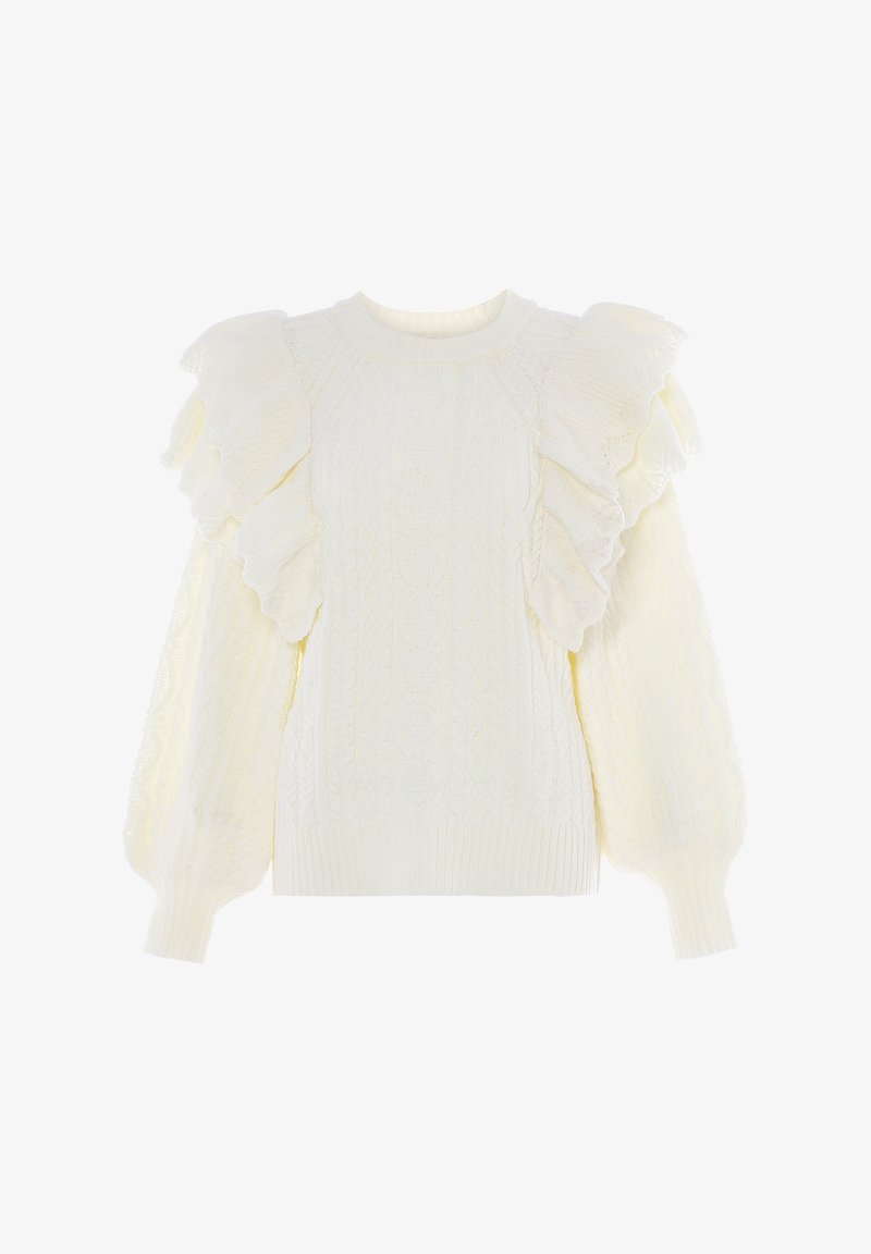 Cream-colored knitted sweater with ruffled sleeves, intricate cable knit design, ribbed hem, and textured accents.
