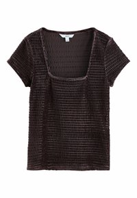 Sötétbarna, rövid ujjú felső négyzet alakú nyakkivágással. A texturált anyag bordázott mintázattal rendelkezik. Kényelmes dizájn, különböző alkalmakra alkalmas.