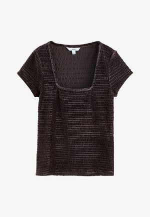 Dark brown short-sleeve top with a square neckline. Textured fabric features a ribbed pattern. Casual design, suitable for various occasions.