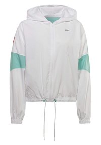 Giacca a vento bianca con cappuccio, caratterizzata da accenti azzurri sulle maniche, polsini elastici, orlo con cordino e logo sul petto.