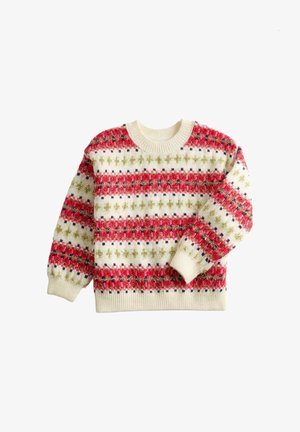 Sweter wydziergany w kolorze kremowym z czerwonymi i zielonymi paskami, złotymi akcentami oraz granatowymi kropkami. Rybaczane wykończenie dekoltu i mankietów.