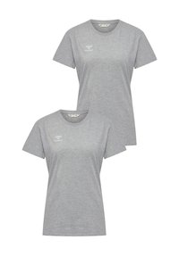 Gray short-sleeve T-shirts made from cotton blend fabric. Features a round neckline and a white logo on the upper left side.