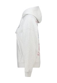 Sudadera con capucha gris claro hecha de tejido suave, que cuenta con un bolsillo tipo canguro, capucha con cordón y un patrón gráfico en colores pastel en la parte delantera.