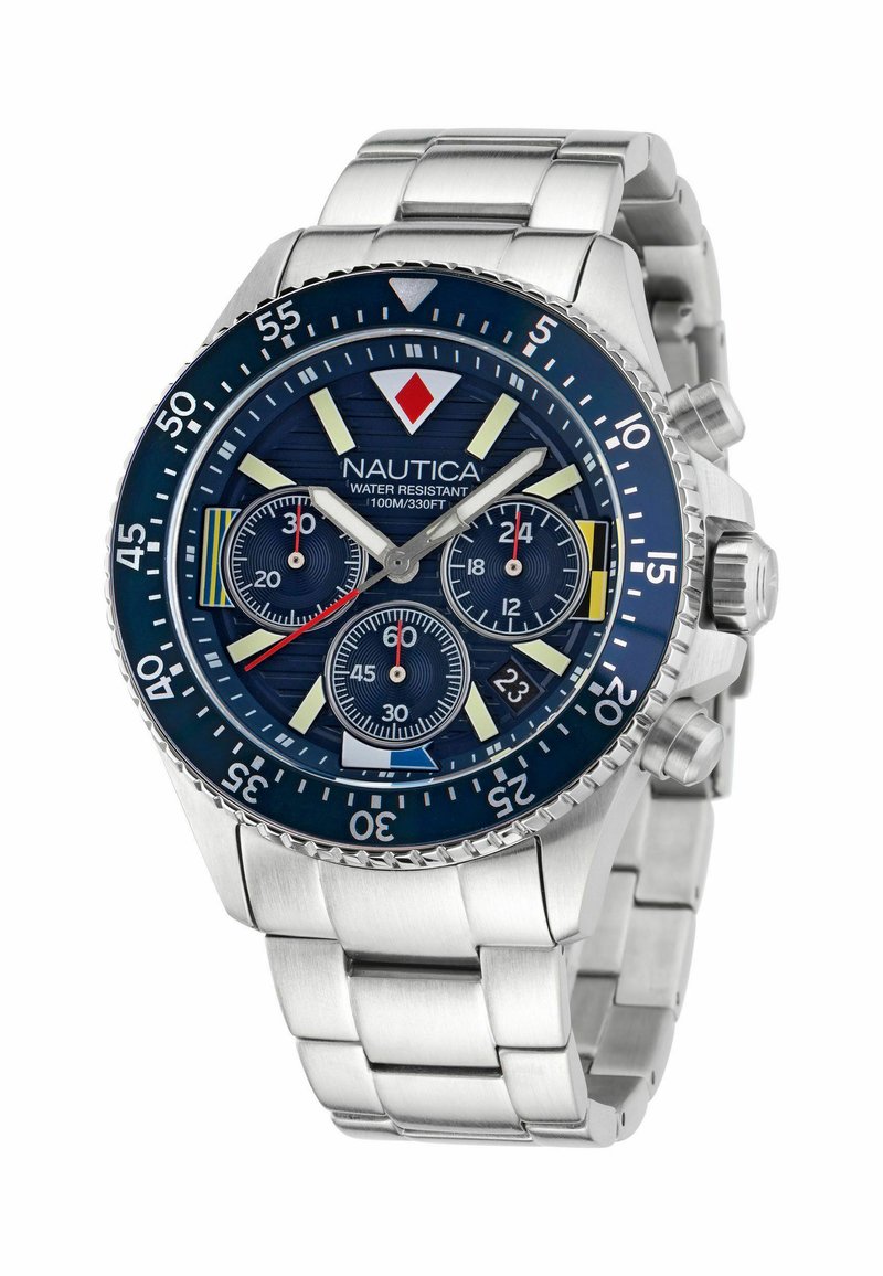 Uhani iz nerjavečega jekla z modrim številčnikom, svetlečimi kazalci, črnimi podštevilčniki in vodoodpornostjo do 100 m. Ima srebrn pas.