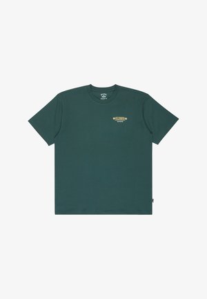 Dark green short-sleeve crewneck t-shirt with small yellow and white patterned logo on left chest area.