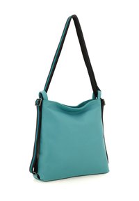 Borsa a tracolla in pelle color verde petrolio con dettagli e tracolla neri, caratterizzata da una texture liscia e design a apertura superiore. Nessuna ferramenta o motivo visibile.