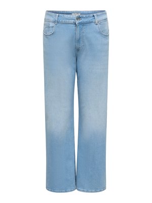 Svetlo modre kavbojke širokih hlačnic z gumbi in zadrgo spredaj, dvema sprednjima žepoma ter rahlim bledenjem na stegnih.