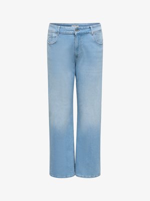 Blugi largi bleu deschis, cu închidere cu nasturi și fermoar în față, două buzunare frontale și un ușor efect de decolorare pe coapse.