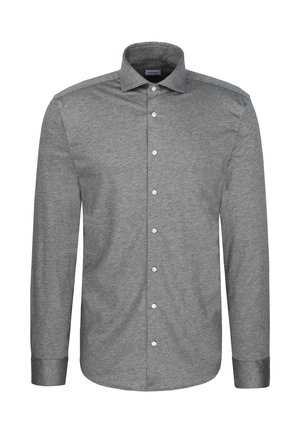 Chemise grise à manches longues avec col et boutons blancs, présentée sur fond blanc.