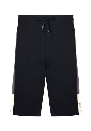 Pantaloni sportivi neri con vita elasticizzata e cordino. Presentano accenti bianchi sui lati e una texture di tessuto liscia.