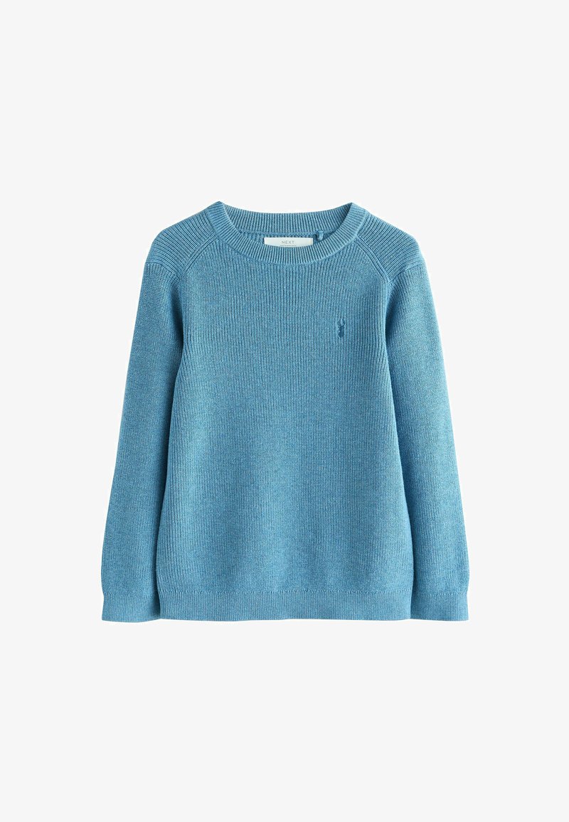 Jersey de punto azul claro de manga larga con cuello redondo, puños y dobladillo acanalados, mostrado sobre un fondo blanco.