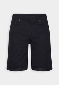 Mustat farkkushortsit käännetyillä lahkeilla, etu- ja takataskuilla, nappisuljenta ja kontrastiväriset ompeleet. Yksinkertainen, klassinen muotoilu.