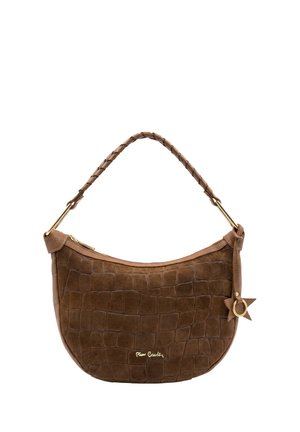 Borsa a tracolla marrone con texture, manico intrecciato, cerniera dorata, charm a forma di stella e logo dorato sul davanti.
