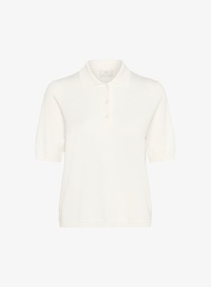 Weißes Kurzarm-Poloshirt mit klassischem Kragen, drei vorderen Knöpfen und einer weichen Stricktextur. Verfügt über ein dezentes Markenlabel innen.