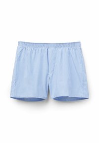 Blue and white striped boxers with an elastic waistband, featuring a smooth fabric texture and a straight cut design.