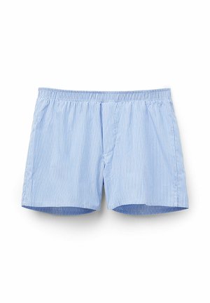 Blue and white striped boxers with an elastic waistband, featuring a smooth fabric texture and a straight cut design.