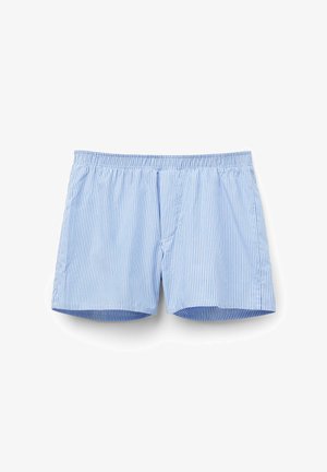 Boxers rayés bleus et blancs avec une ceinture élastique, présentant une texture de tissu lisse et un design à coupe droite.