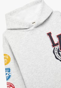Szara bluza z kapturem z kieszenią kangurzą, z kolorowymi grafikami logo i tekstem z przodu oraz na prawym rękawie. Miękka tkanina z domieszką bawełny.