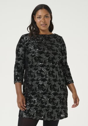 Black sequin dress with a floral pattern, three-quarter sleeves, round neckline, and a fitted silhouette. Material has a glossy texture.