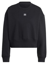 Black cropped sweatshirt made of soft fabric, featuring a round neckline and long sleeves. Displays a white Adidas logo on the chest.