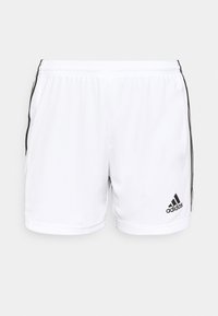 Vita Adidas sportshorts med svarta sidostreck och Adidas-logotyp på nedre högra benet, visade mot en neutral bakgrund.