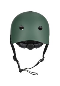 Grön matt hjälm med ventilationshål, justerbar svart rem och ratt bak för säker passform. Erbjuder ergonomisk design för komfort.