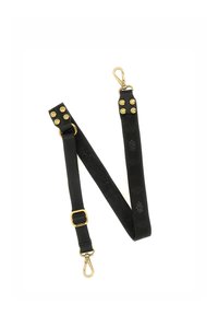 Cintura nera regolabile realizzata in tessuto testurizzato e pelle, con hardware dorato e borchie decorative. Include clips per l'attacco.