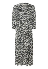 Blumiges Maxikleid in Marineblau mit weißen Blumen. V-Ausschnitt, elastischer geraffter Oberkörper, Dreiviertelärmel, weicher leichter Stoff.