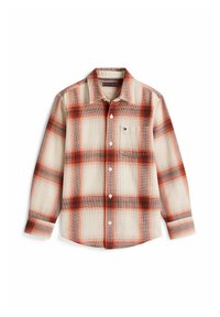 Camicia a maniche lunghe a quadri con colori rosso, nero e crema, realizzata in tessuto tessuto, con chiusura a bottoni e tasca sul petto.