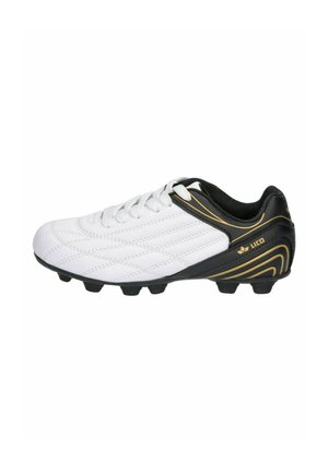 White and black football boot with gold accents, featuring a textured upper, padded collar, and molded studs for traction.