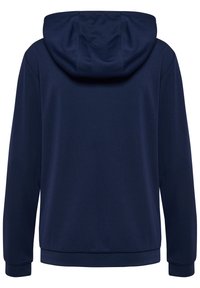 Navy blauwe hoodie van een gestructureerde stof, met voorzakken en een capuchon met trekkoord. Heeft aansluitende manchetten en zoom. Achteraanzicht weergegeven.