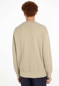 Hellbeiger Strickpullover mit strukturiertem Wabenmuster, rundem Ausschnitt sowie gerippten Bündchen an Ärmeln und Saum. Schlichtes, locker geschnittenes Design.