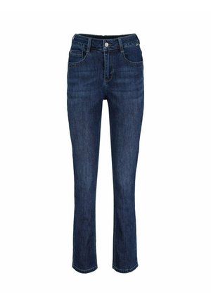 Jean droit bleu foncé en denim avec fermeture à bouton et zip devant, passants de ceinture, poches avant et arrière.
