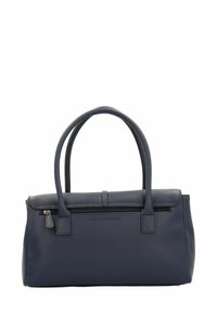 Sac à main en cuir bleu marine avec deux anses robustes, une fermeture éclair sur le dessus et une finition texturée. Dispose d'un logo discret embossé à l'avant.