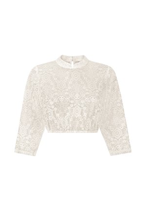 White lace cropped blouse with long sleeves and high neckline featuring intricate floral patterns and a small back button closure.