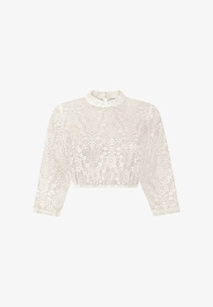 Weiße, kurz geschnittene Spitzenbluse mit langen Ärmeln und hohem Kragen, versehen mit filigranen Blumenmustern und einem kleinen Knopfverschluss am Rücken.