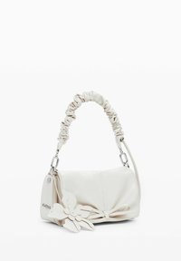 White leather handbag with a gathered handle, a side flower accent, and a bow detail on the front. Sleek, smooth texture.