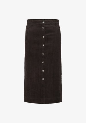 Tummanruskea korduroy-hame, polvipituinen, edessä nappilukko hopeisilla yksityiskohdilla, pystyribattu tekstuuri, kaksi sivutaskua.